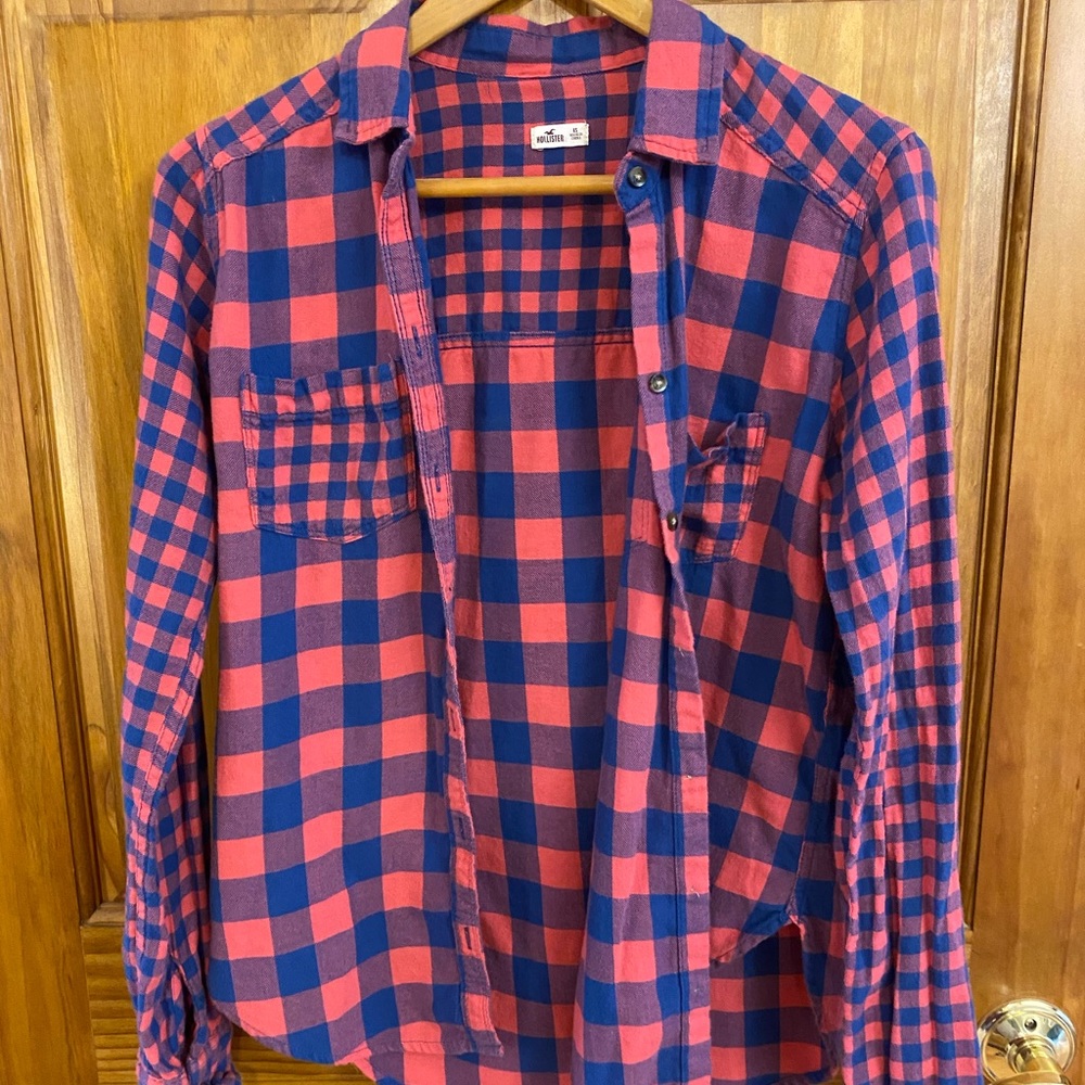 Hollister Coral & Navy Blue Plaid Button Down Flannel XS X-Small